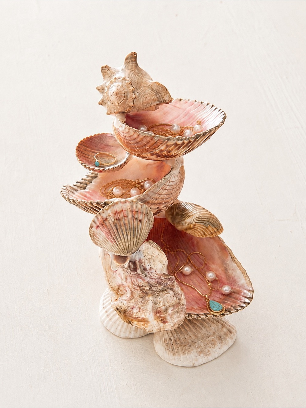 Handmade Stacked Pink & Gold Seashell Jewelry Organizer | Trinket Dish